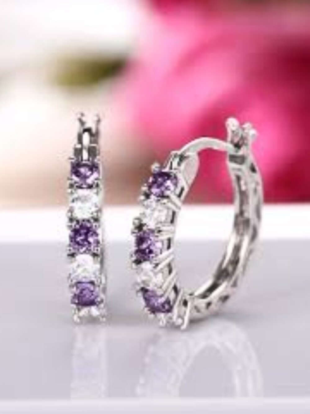 Round Amethyst & Diamonds Cubic Zirconia Hoop Earrings Silver Plate Filigree
